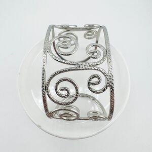 Vintage Swirl Hammered Silver Tone Cuff Bracelet Openwork 1990s Chunky Glam